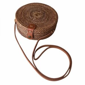 Round Basket Bag with Leather Crossbody Strap, 8”